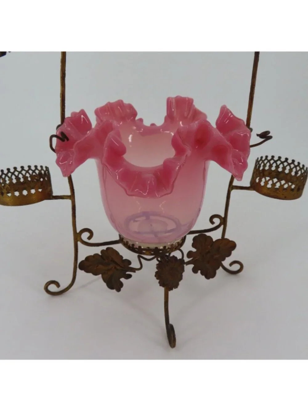 Antique French Gilt Pocket Watch Holder Vanity Pink Glass Bowl Bird Flowers